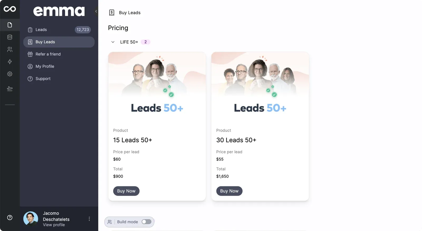 Emma’s advisor app on Rowmesh, where advisors buy lead packages