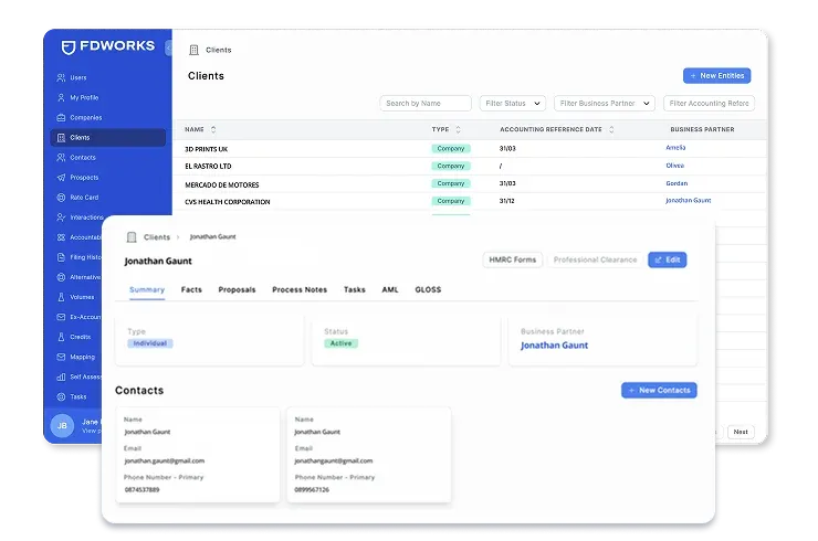 A client record in FD Works’ portal, with its summary, contacts and tabs for proposals and tasks