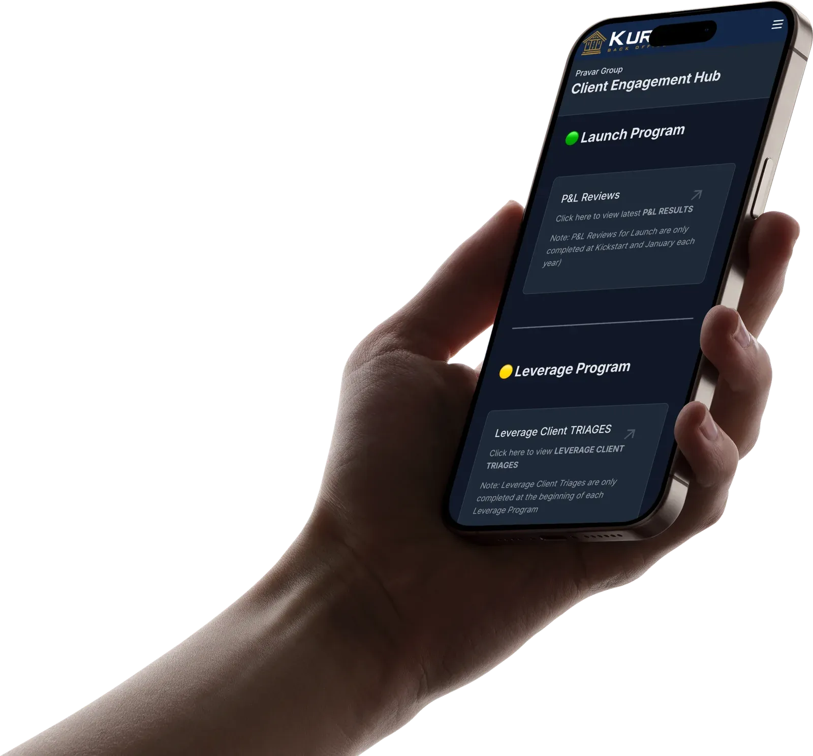 Pravar Group’s Kura Client Engagement Hub on a phone