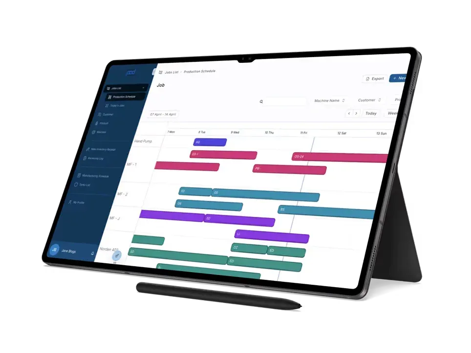 Packaging On Demand’s production schedule on a tablet, with jobs on a timeline