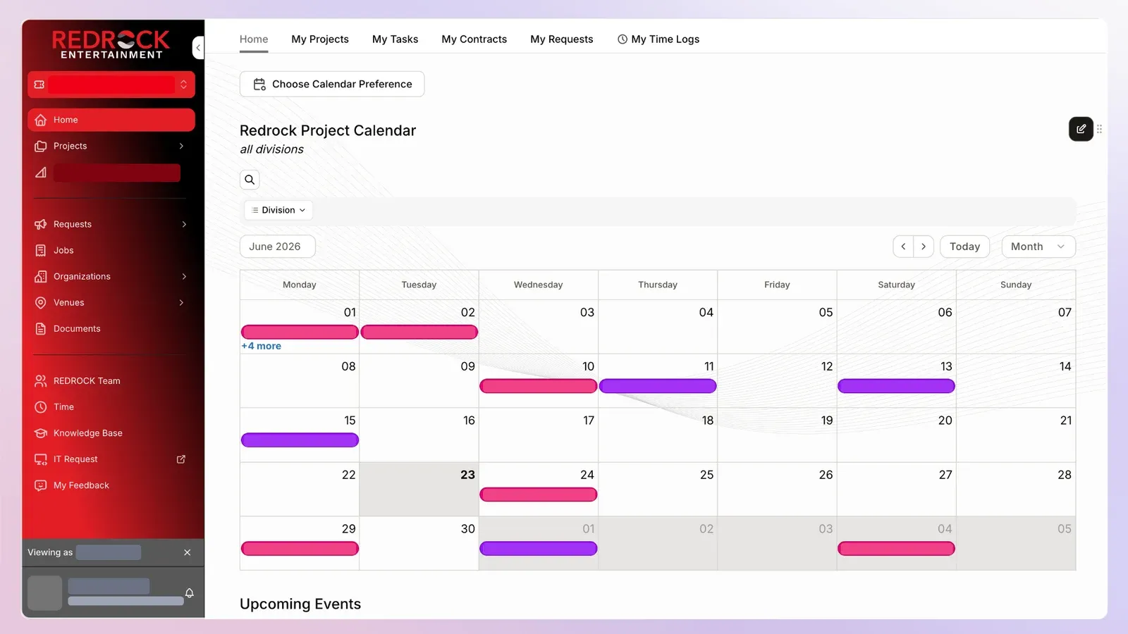 A sample Rowmesh workspace with a project calendar across divisions