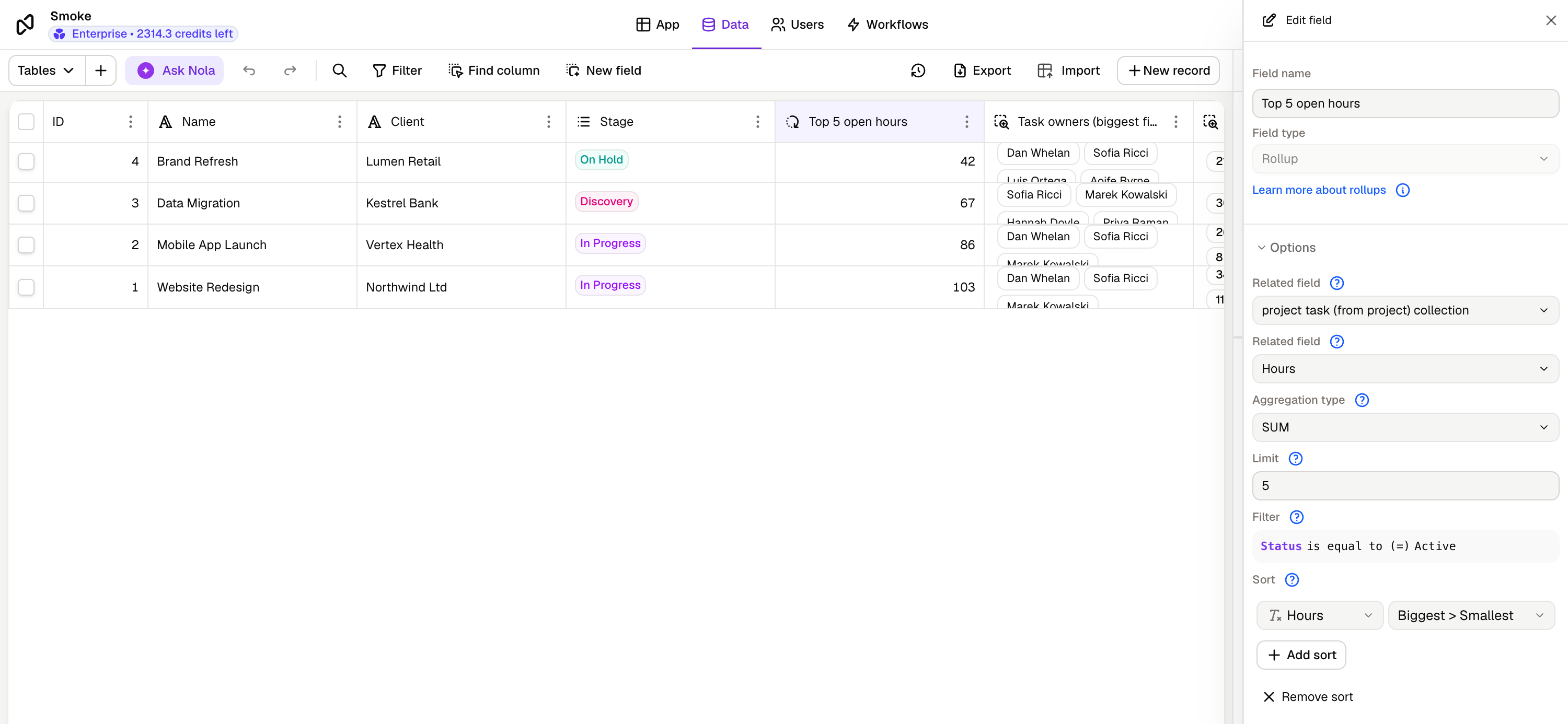 A rollup field configured with a limit, a filter and a sort, alongside the values it produces