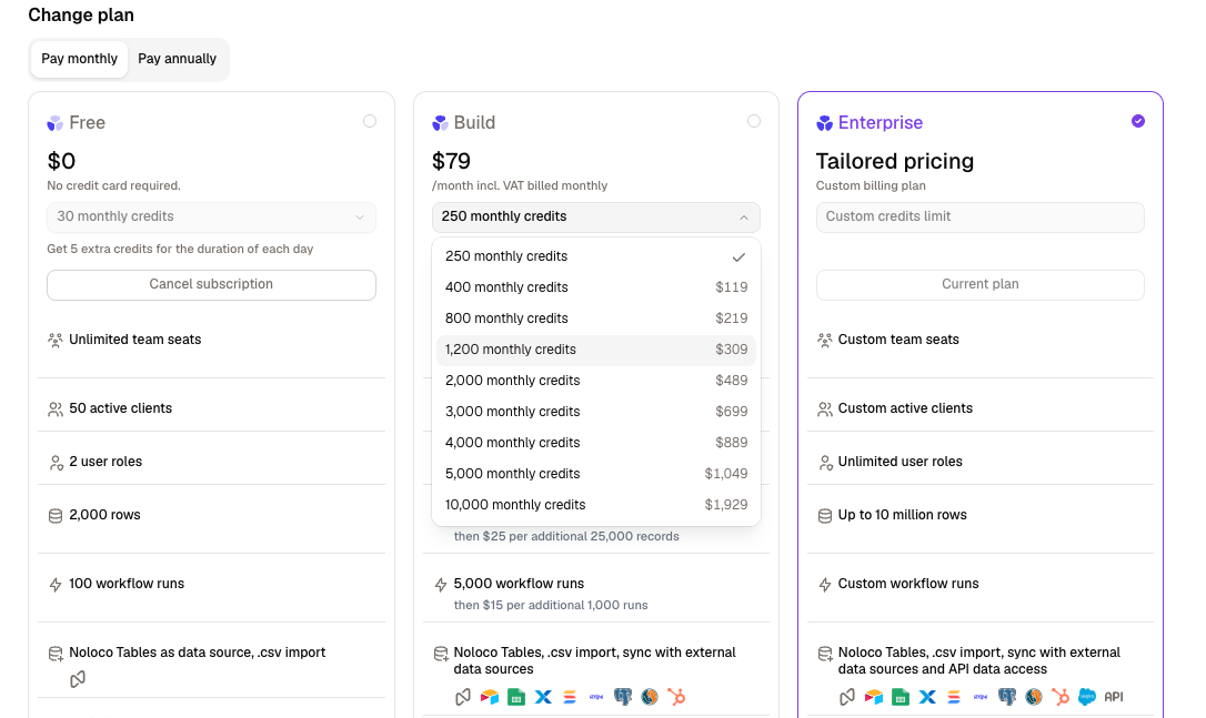 Plan cards with the monthly credits dropdown open on the Build card