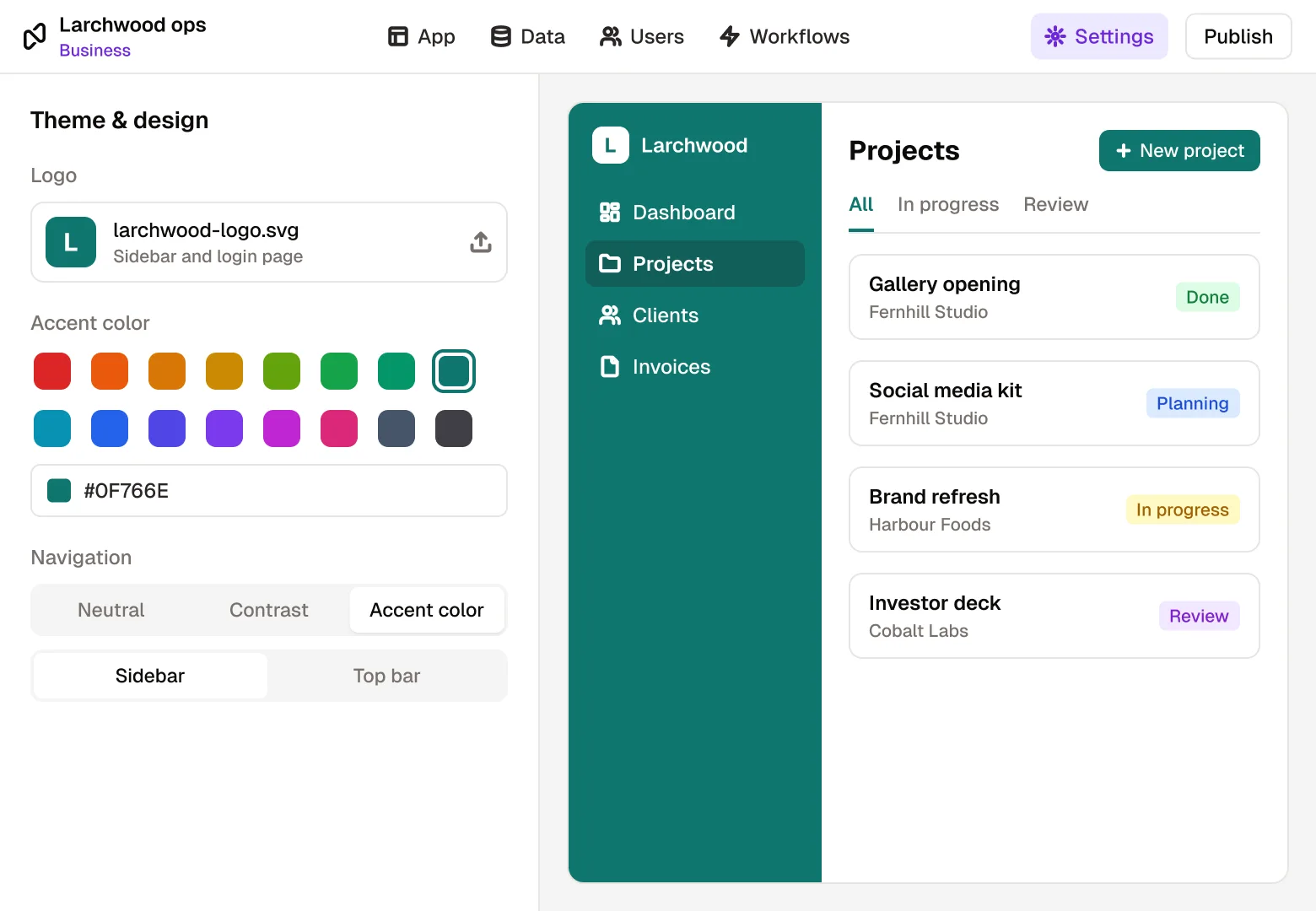 Theme and design settings with a custom logo, a teal accent color and the accent-color navigation, and the app previewed in the new colors