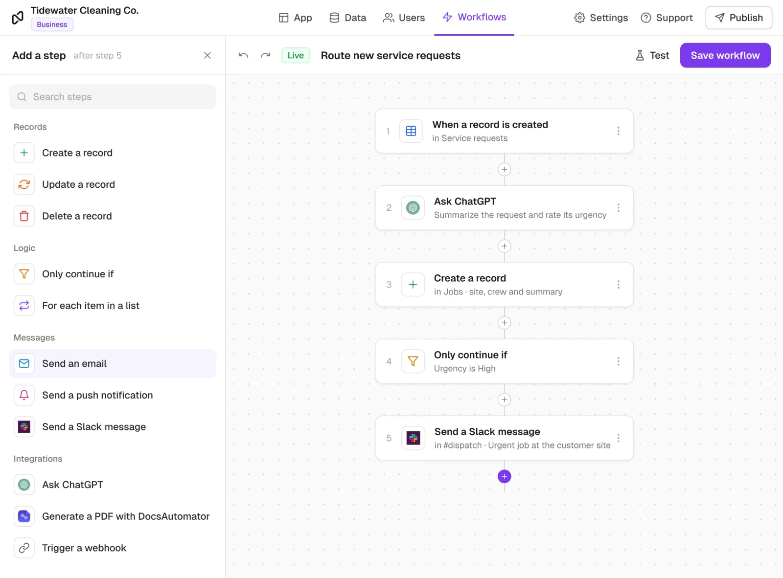 The Rowmesh workflow builder for a cleaning company: the step library beside a workflow that summarizes each new service request with ChatGPT, creates a job, and posts urgent ones to a Slack channel
