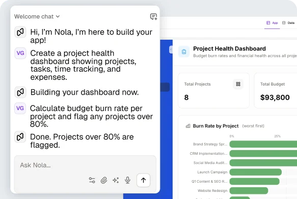 Nola building a project health dashboard from a chat prompt