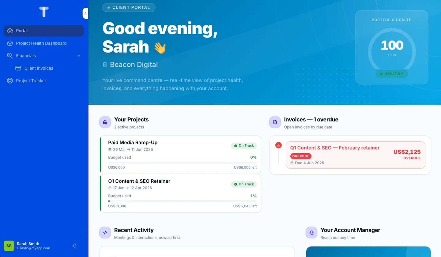 A client portal Canvas showing projects, overdue invoices and recent activity