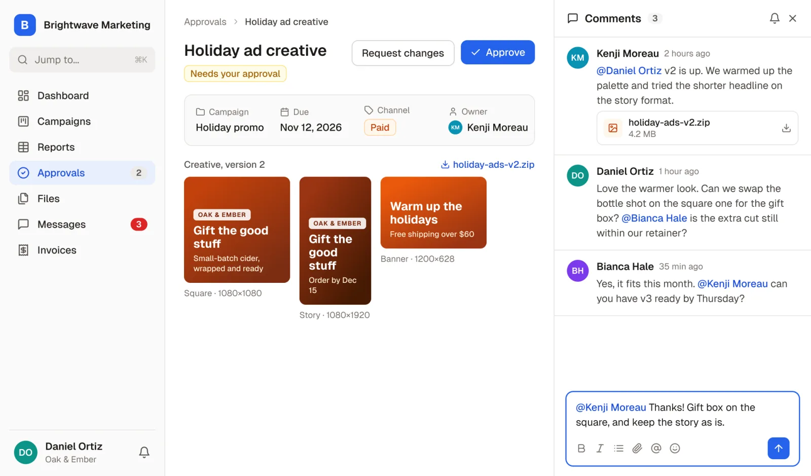 A client reviewing holiday ad creative in an agency's portal, with a comment thread beside it: @mentions between the client and the agency team, and the new version attached as a file