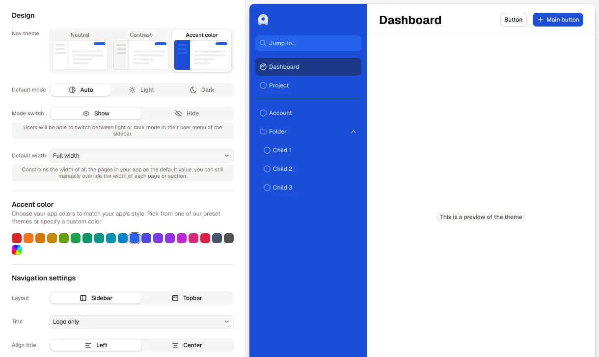Rowmesh's Layout and design settings: the accent color nav theme and a blue accent color, with a preview of the app's sidebar in that color