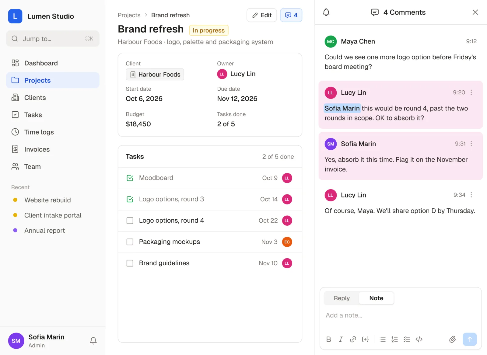 A Brand refresh project where a client asks for another logo option and two internal notes, shaded pink and visible only to the team, discuss it before the team replies; the reply box is set to Note