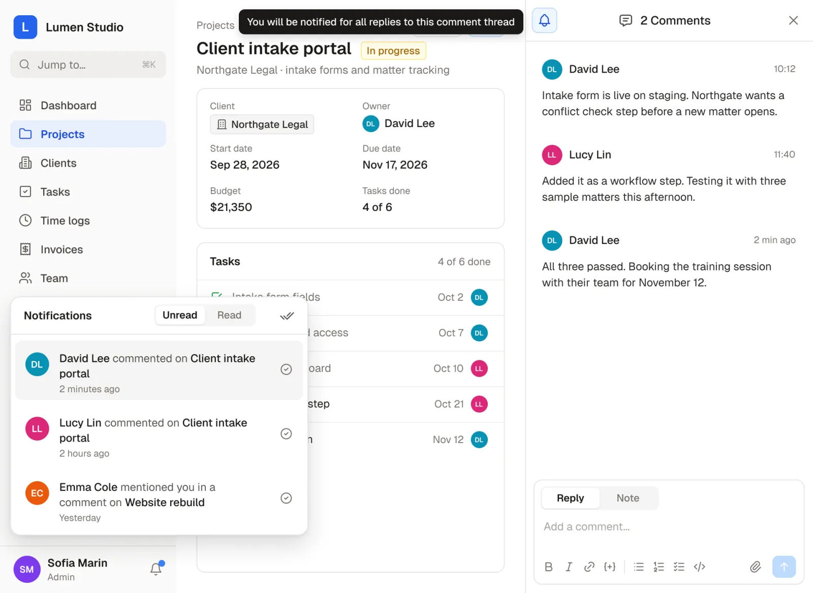 The bell on a record’s comments switched on, with the tooltip “You will be notified for all replies to this comment thread”, and the notifications tray listing new comments from David Lee and Lucy Lin