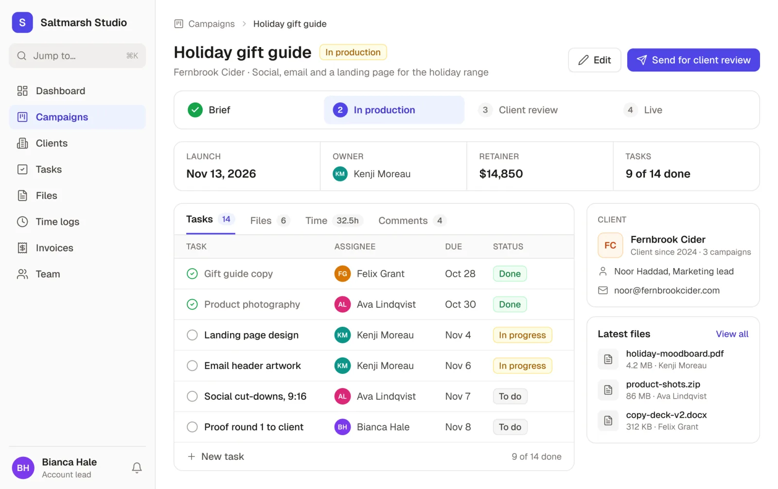 A campaign page in an agency app built with Rowmesh: Holiday gift guide for Fernbrook Cider at the In production stage, with its launch date, owner and retainer, the campaign's tasks by assignee, due date and status, the client contact and the latest files.