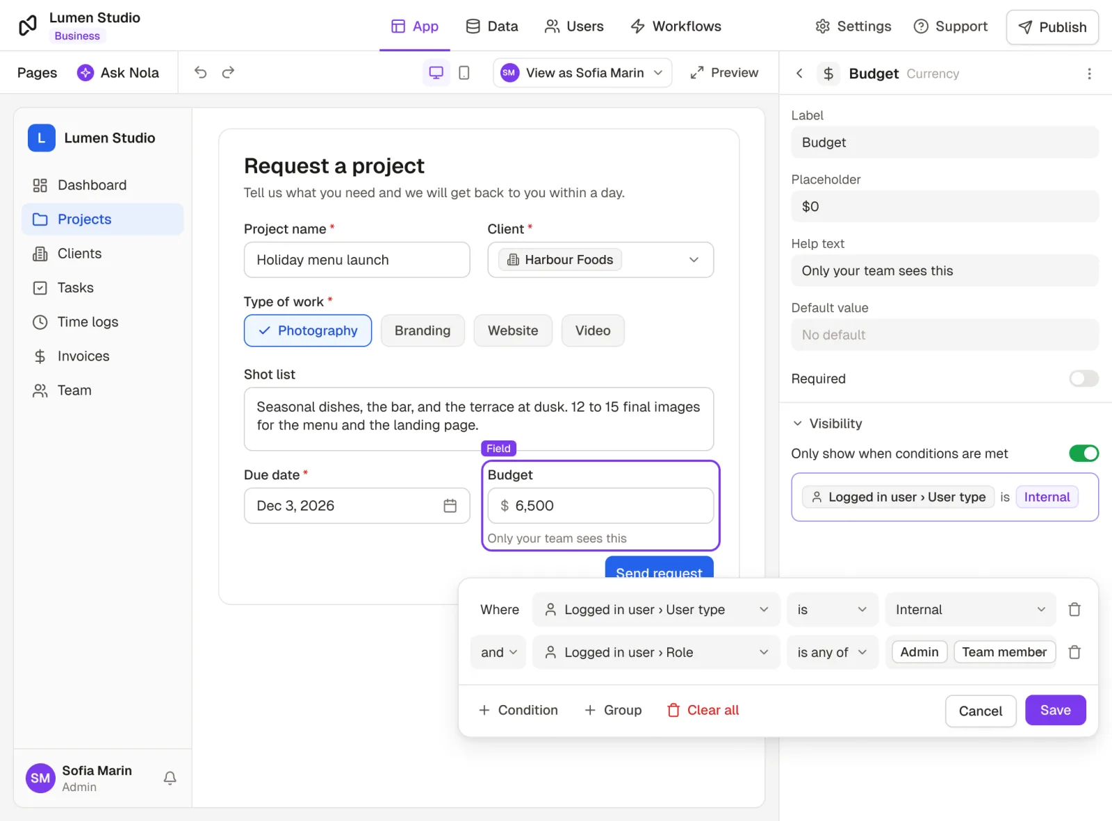 A Request a project form in the Rowmesh builder with the Budget field selected. Its settings show Only show when conditions are met turned on, and the conditions editor shows the field only to internal users with the Admin or Team member role