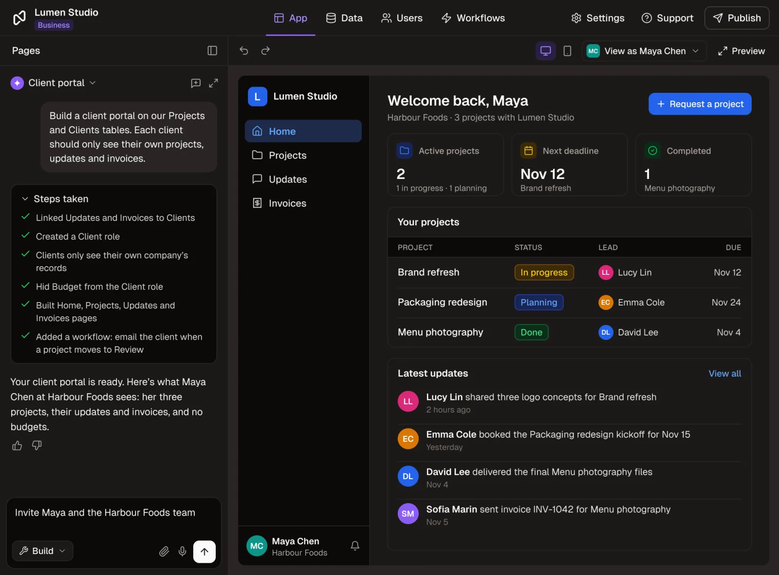 Mesh, Rowmesh's AI app builder, beside the client portal it has just built: the request, the steps it took (linking tables, a Client role, record and field permissions, four pages and a Review workflow), and the portal previewed as Maya Chen of Harbour Foods with her projects and latest updates