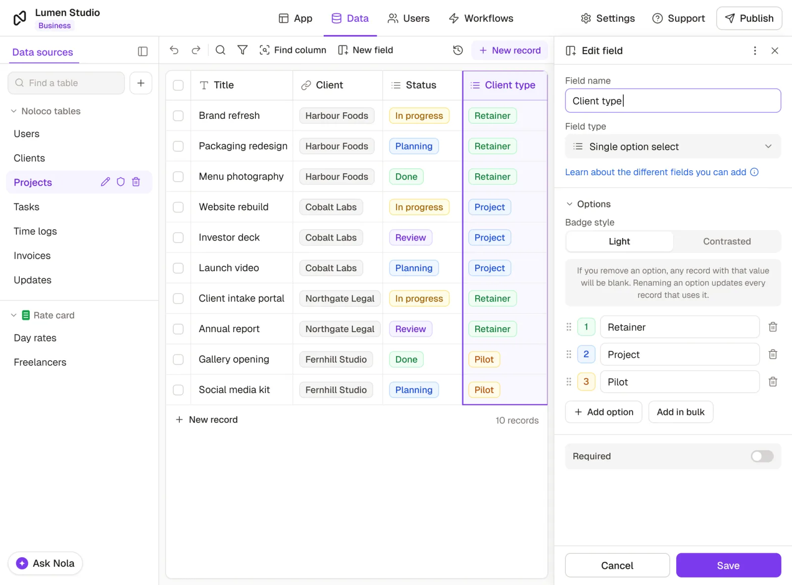 The Data tab of the Rowmesh builder with the Projects table open: a new Client type column fills in Retainer, Project or Pilot for every live project, while the Edit field panel sets it up as a single option select with those three options