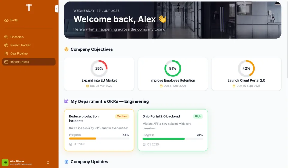 An intranet home Canvas with company objectives and updates