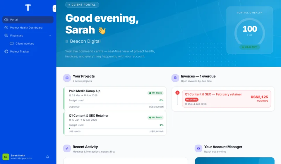A client portal Canvas showing a client their projects and invoices