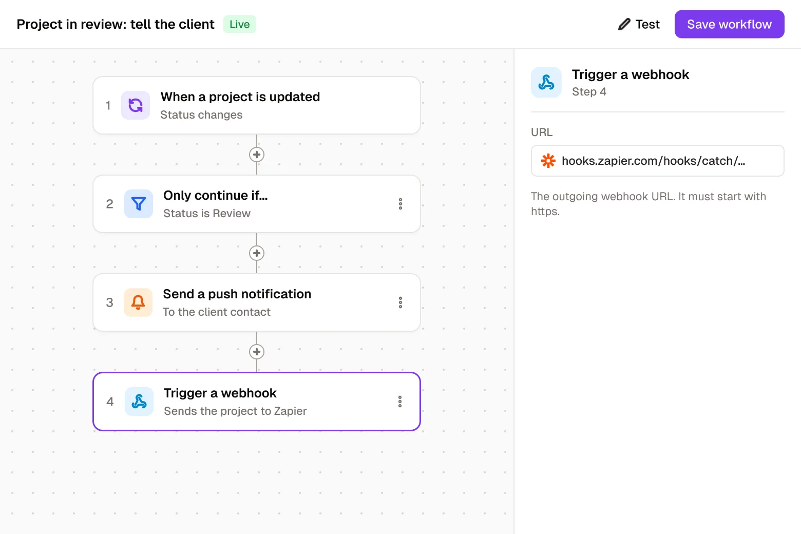 A Rowmesh workflow that runs when a project moves to Review: it sends the client a push notification, then triggers a Zapier webhook