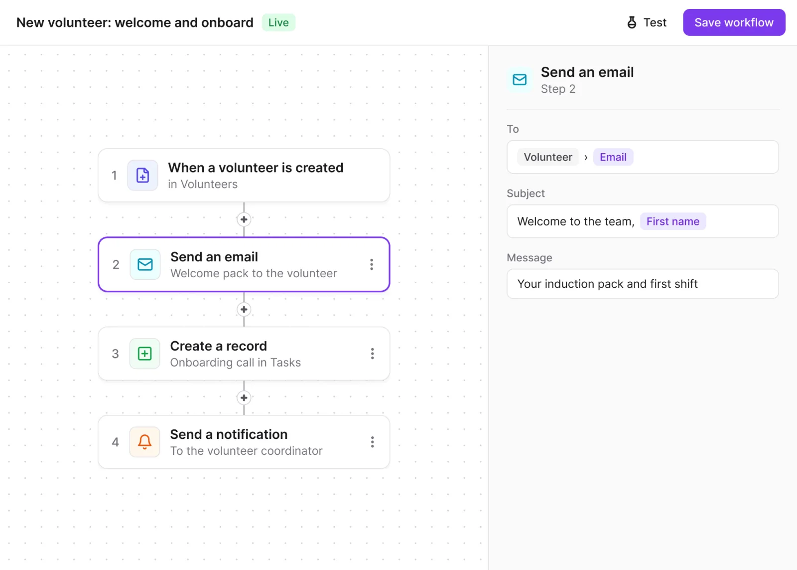 A Rowmesh workflow: when a volunteer signs up, email them a welcome pack, create an onboarding call and notify the volunteer coordinator.
