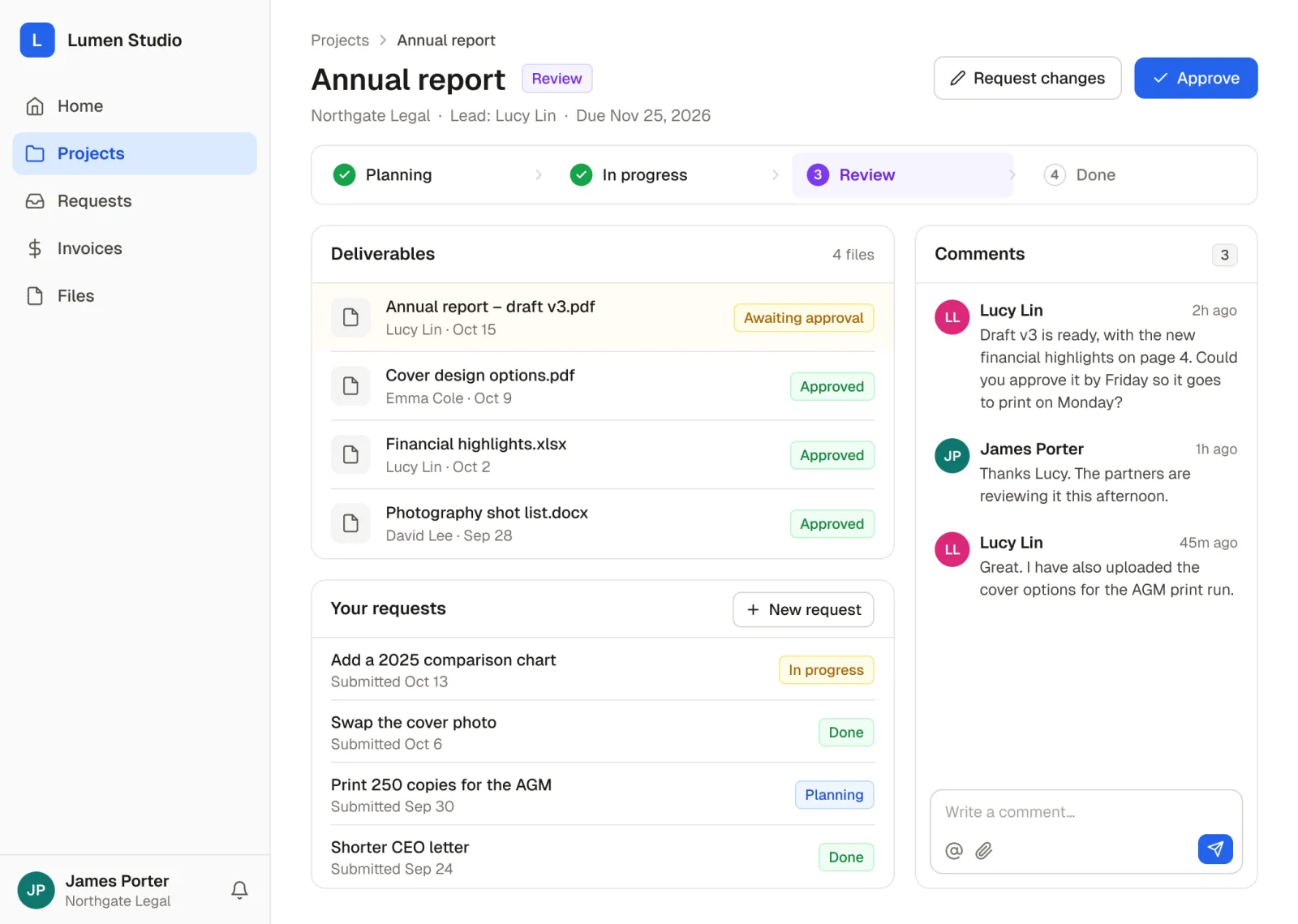 A client’s view of a project in a branded portal: the annual report in review with Approve and Request changes buttons, deliverables awaiting approval, the client’s requests and a comment thread with the agency