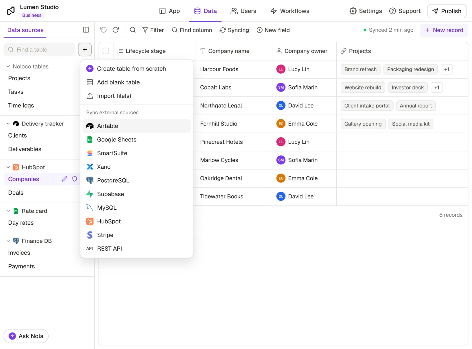 The Data tab of an agency app with Rowmesh tables, an Airtable base, HubSpot, a Google Sheet and a PostgreSQL database side by side, a synced HubSpot companies table linked to Rowmesh projects, and the menu for adding another source open