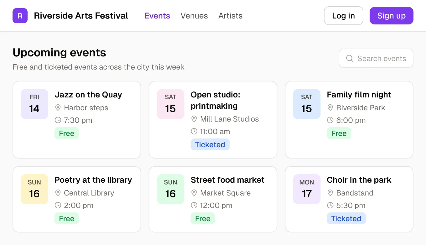 A public events page in a Rowmesh app, seen by a visitor who is not logged in: six upcoming events with dates, venues and times, and Log in and Sign up buttons in the top bar