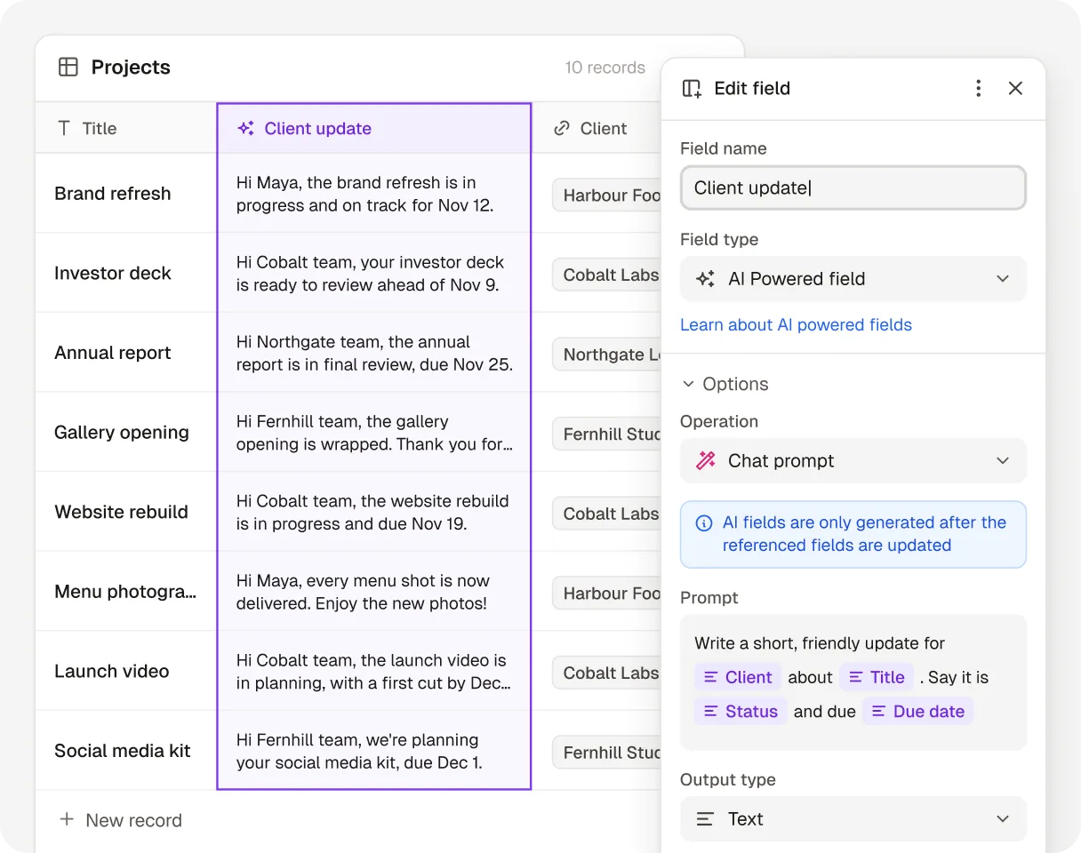 A Projects table in Rowmesh with an AI powered Client update field: a Chat prompt built from the Client, Title, Status and Due date fields writes a short, friendly update for each project