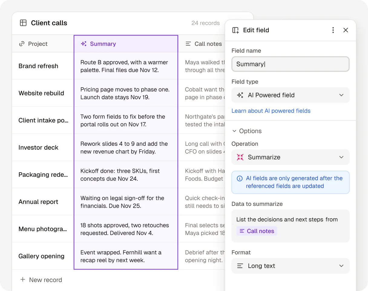 A Client calls table in Rowmesh with an AI powered Summary field: the Summarize operation turns each call’s notes into a two-line summary of decisions and next steps