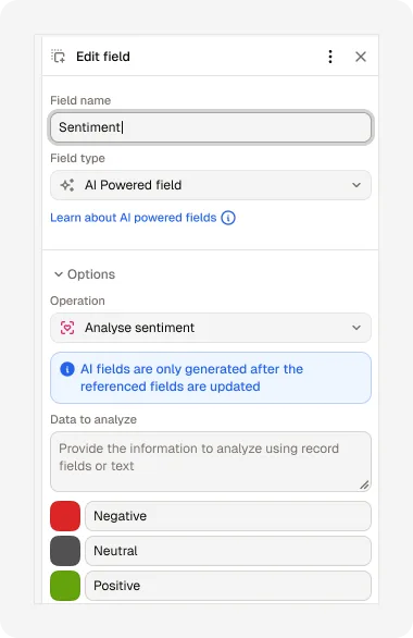 Editing a Sentiment field in Rowmesh: an AI powered field that analyzes record data and sorts each record into Negative, Neutral or Positive