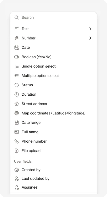 The new field menu in Rowmesh: text, number, date, boolean, single and multiple option select, status, duration, street address, map coordinates, date range, full name, phone number and file upload, then created by, last updated by and assignee