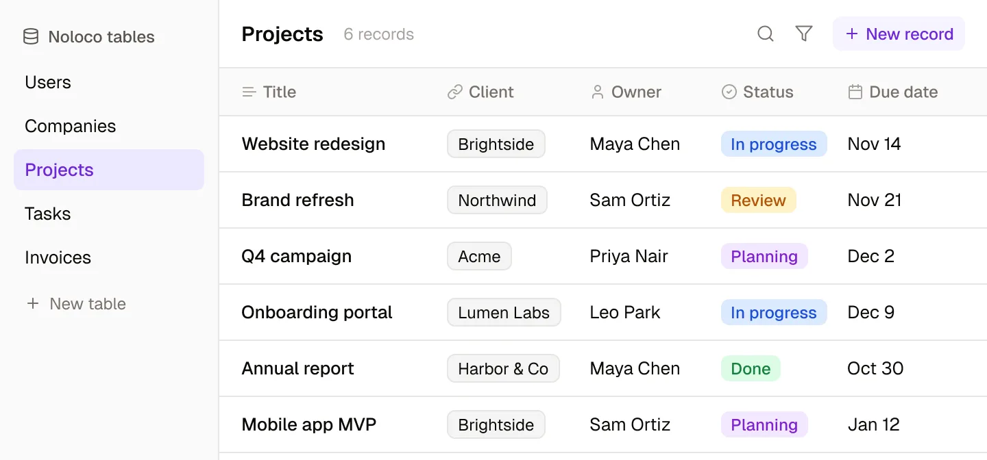 The Data tab in Rowmesh: Users, Companies, Projects, Tasks and Invoices tables in the sidebar, and the Projects table open with each project linked to its client, an owner, a status and a due date