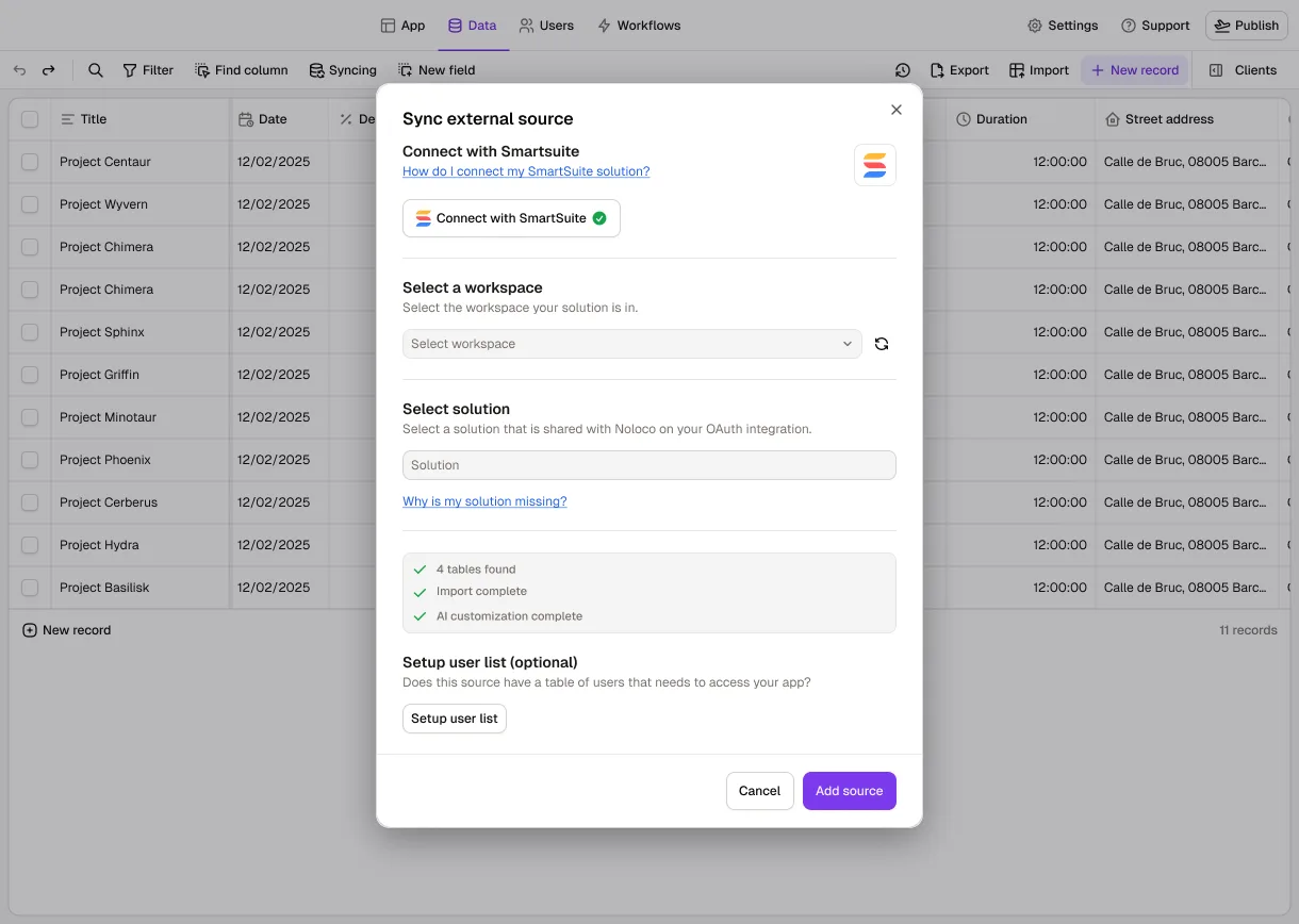 The Data tab in Rowmesh with the "Sync external source" dialog open: connected with SmartSuite, and four tables found, imported and customized by AI, with the option to set up a user list.