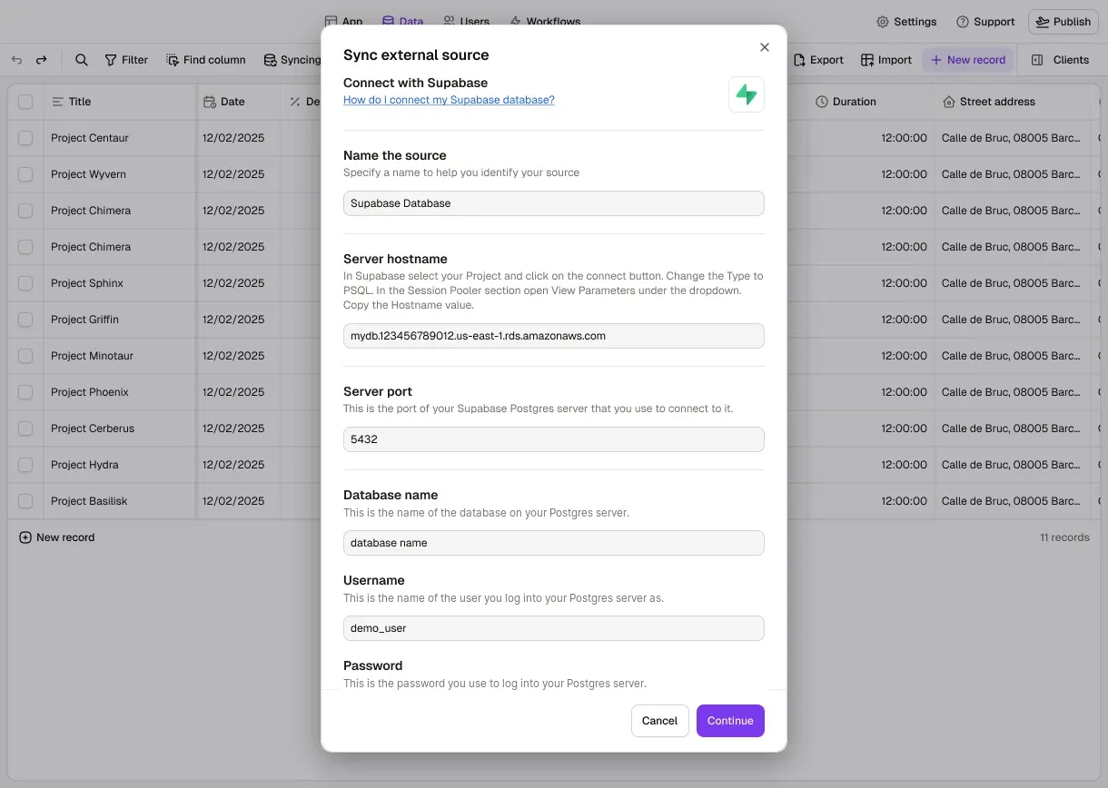 The Data tab in Rowmesh with the "Sync external source" dialog open to connect Supabase: the source name, server hostname, port 5432, database name and username.