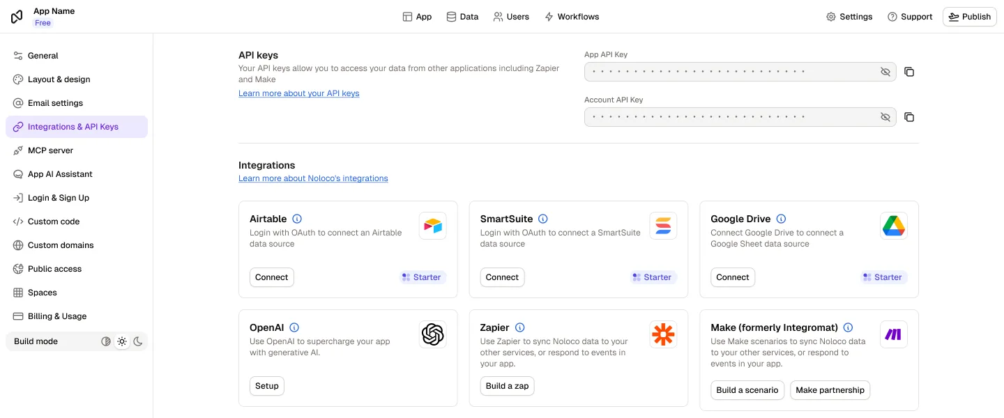 Rowmesh settings, Integrations & API Keys: the app and account API keys, and the integrations list with Zapier ("Build a zap") and Make ("Build a scenario") alongside Airtable, SmartSuite, Google Drive and OpenAI.