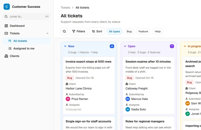 The Customer Success Management App template's ticket board, with new, open and in-progress support requests