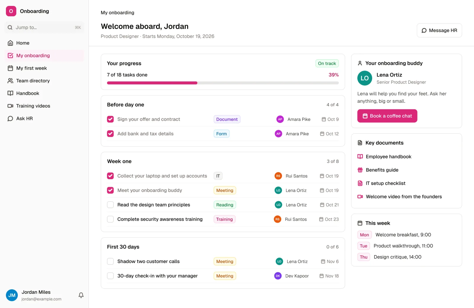A new hire's page in the Employee Onboarding App template: progress, tasks grouped by week with owners and due dates, their onboarding buddy and key documents