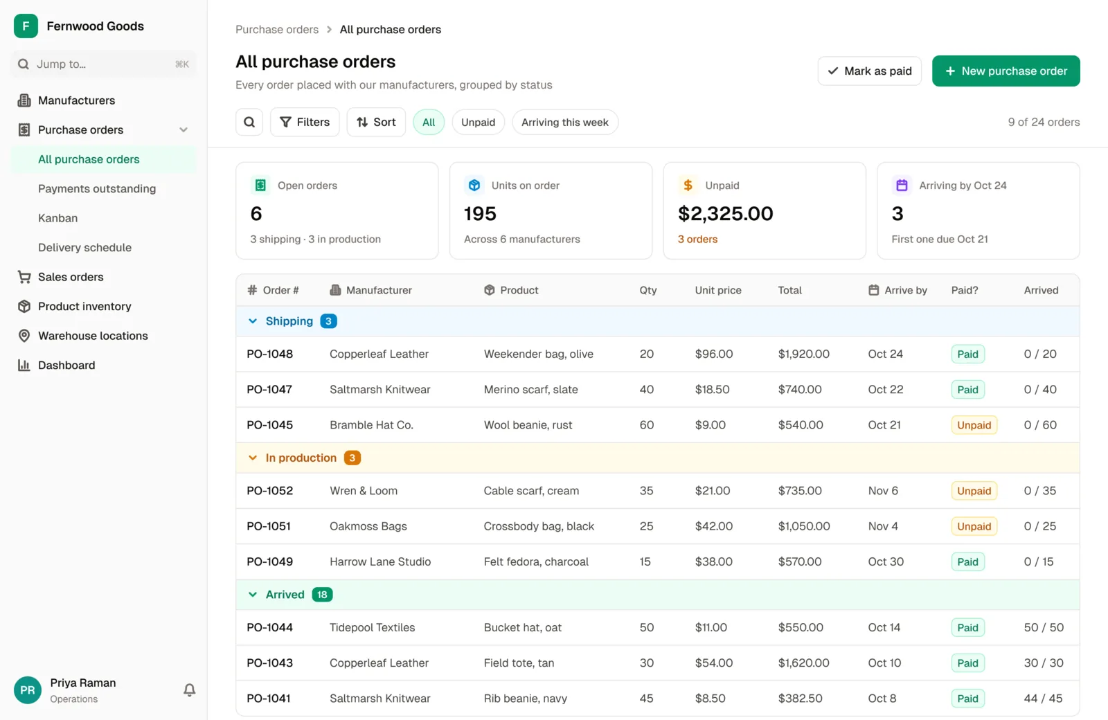 All purchase orders in the Inventory Tracking App template, grouped by status, with each order's manufacturer, product, quantity, total, arrival date and paid status