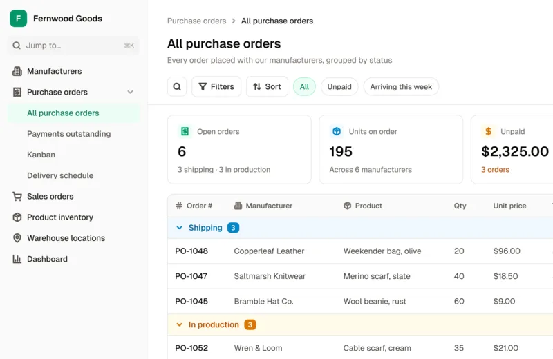 The Inventory Tracking App template's purchase orders, grouped by shipping, in production and arrived, with quantities, totals and paid status