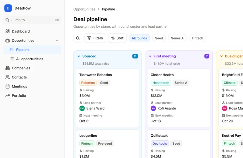 The Investment Dealflow CRM App template's deal pipeline