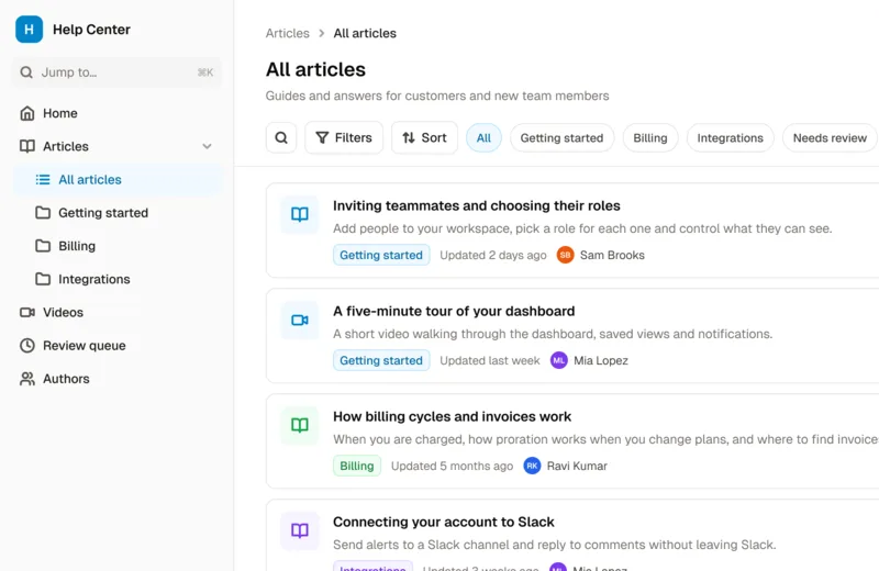 The Knowledge Base App template's article list