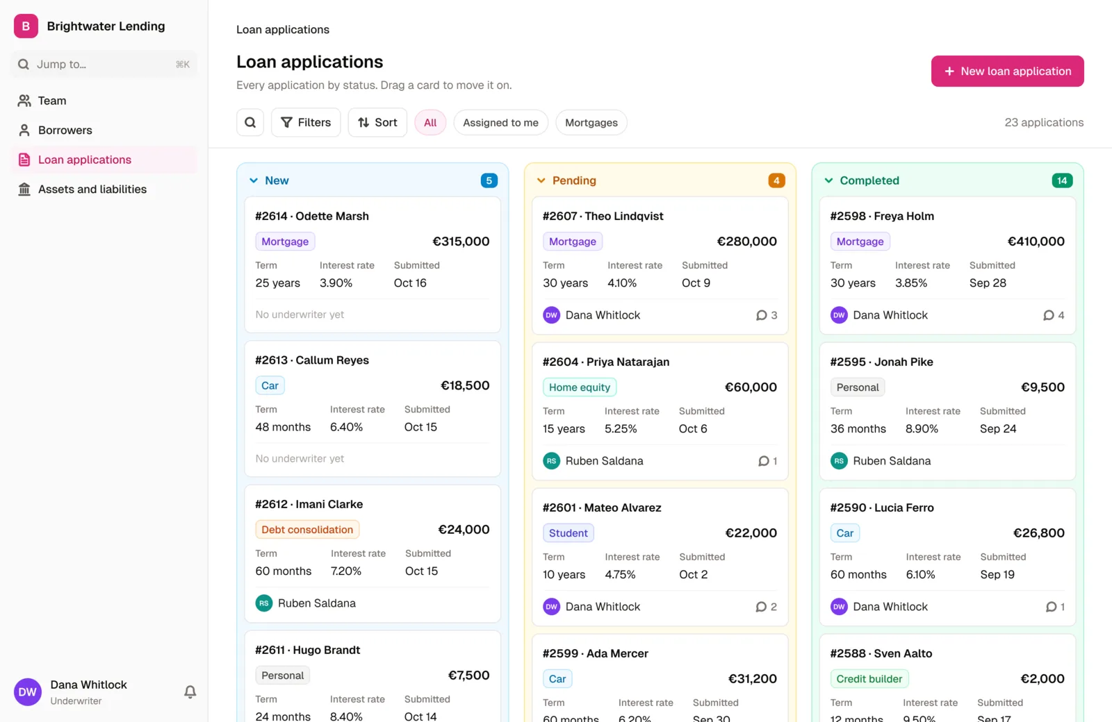 Loan applications on a board in the Lending Portal template, grouped into New, Pending and Completed, with each loan's type, amount, term, rate and underwriter