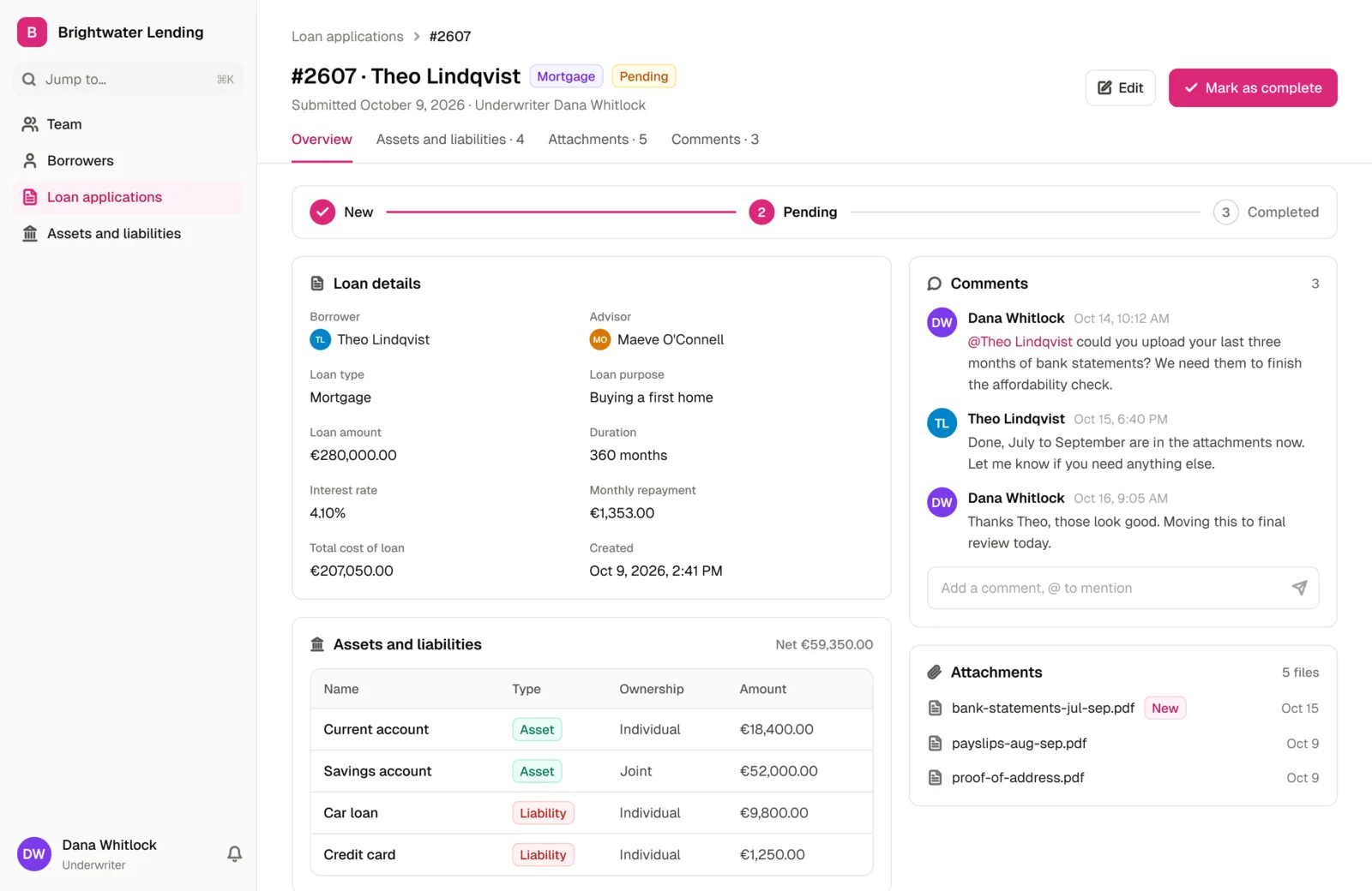 A pending loan application in the Lending Portal template: its status steps, loan details, assets and liabilities, attachments, and a comment asking the borrower for bank statements