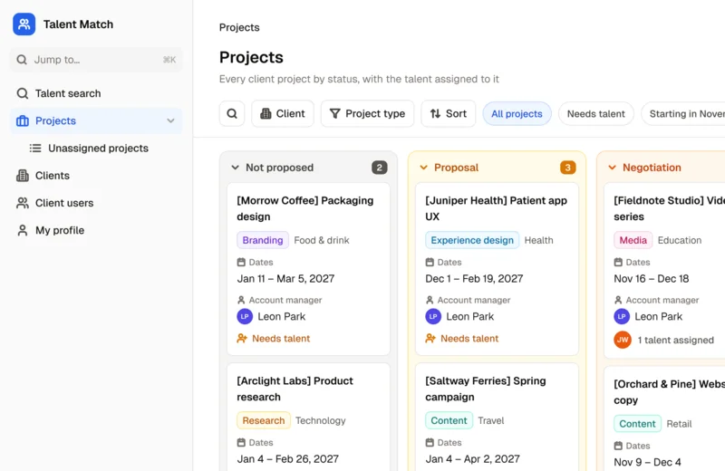 The Talent Matching App template's projects, on a board by status