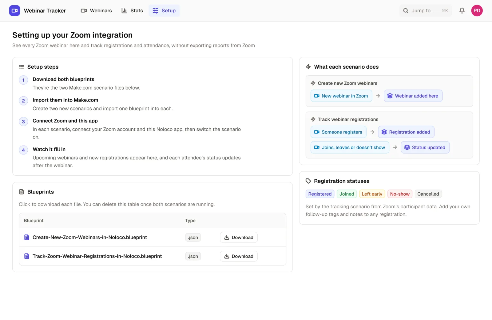 The setup page of the Zoom Webinar Management App, with the two Make.com blueprints to download and what each scenario syncs from Zoom